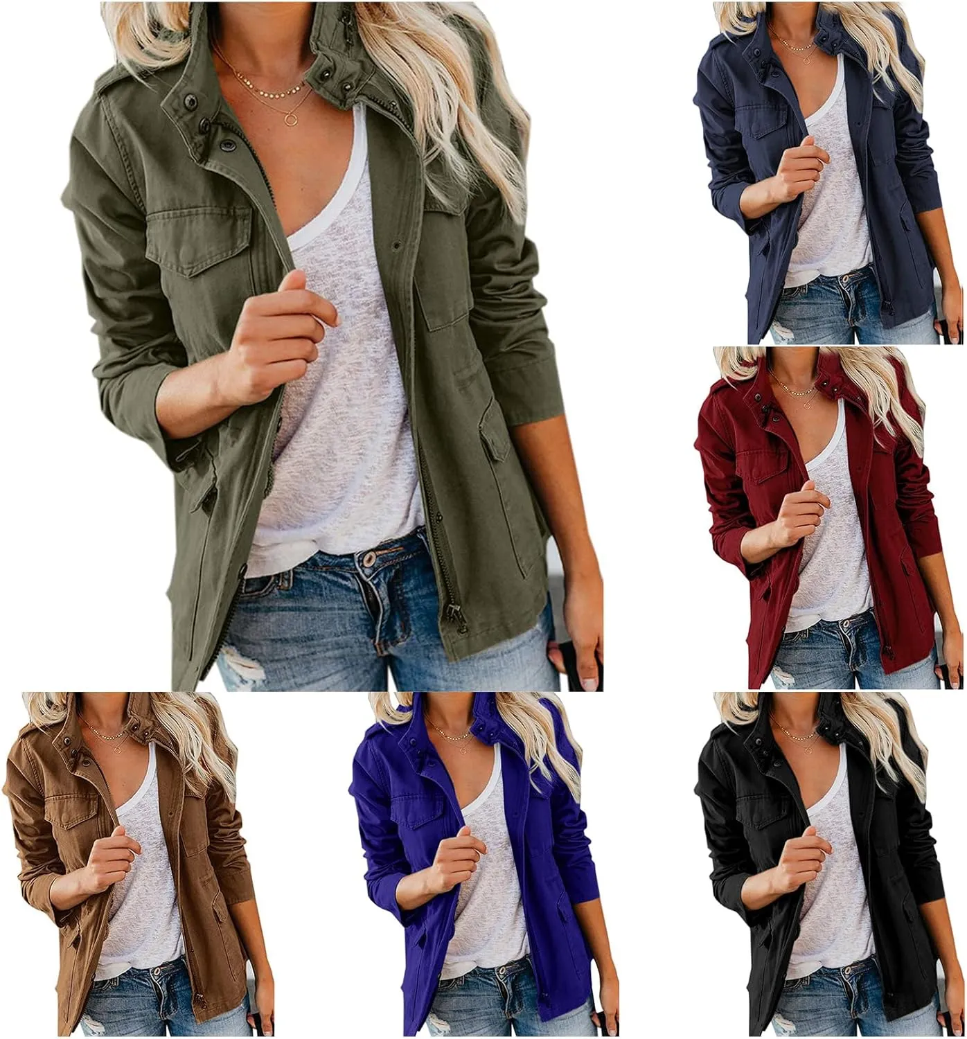 Women's Military Jackets Zip Up Snap Buttons Anorak Coat Utility Safari Jacket Lightweight Fall Outwear with Pockets
