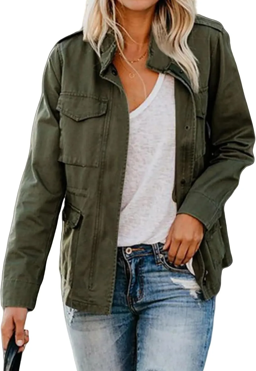 Women's Military Jackets Zip Up Snap Buttons Anorak Coat Utility Safari Jacket Lightweight Fall Outwear with Pockets