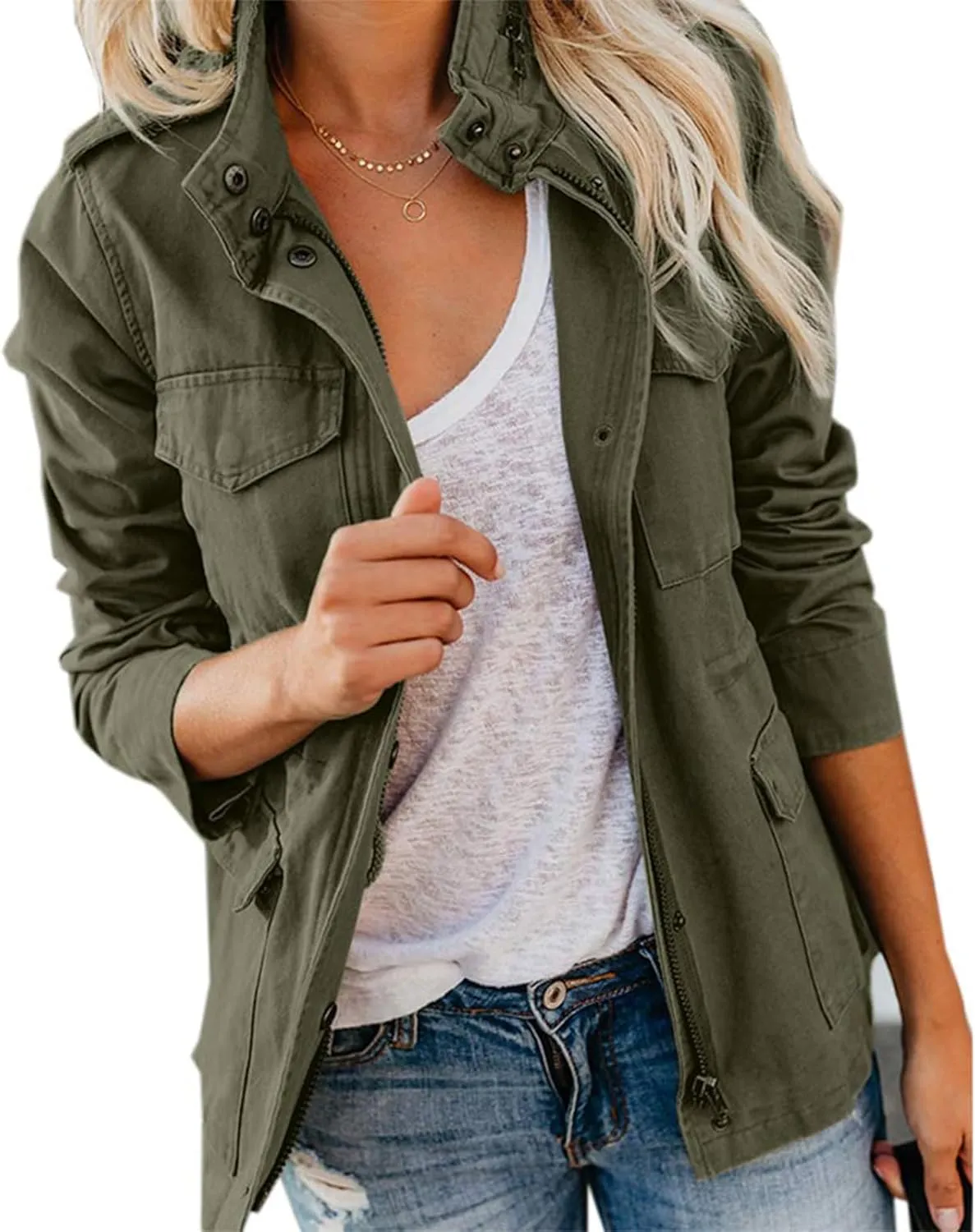 Women's Military Jackets Zip Up Snap Buttons Anorak Coat Utility Safari Jacket Lightweight Fall Outwear with Pockets