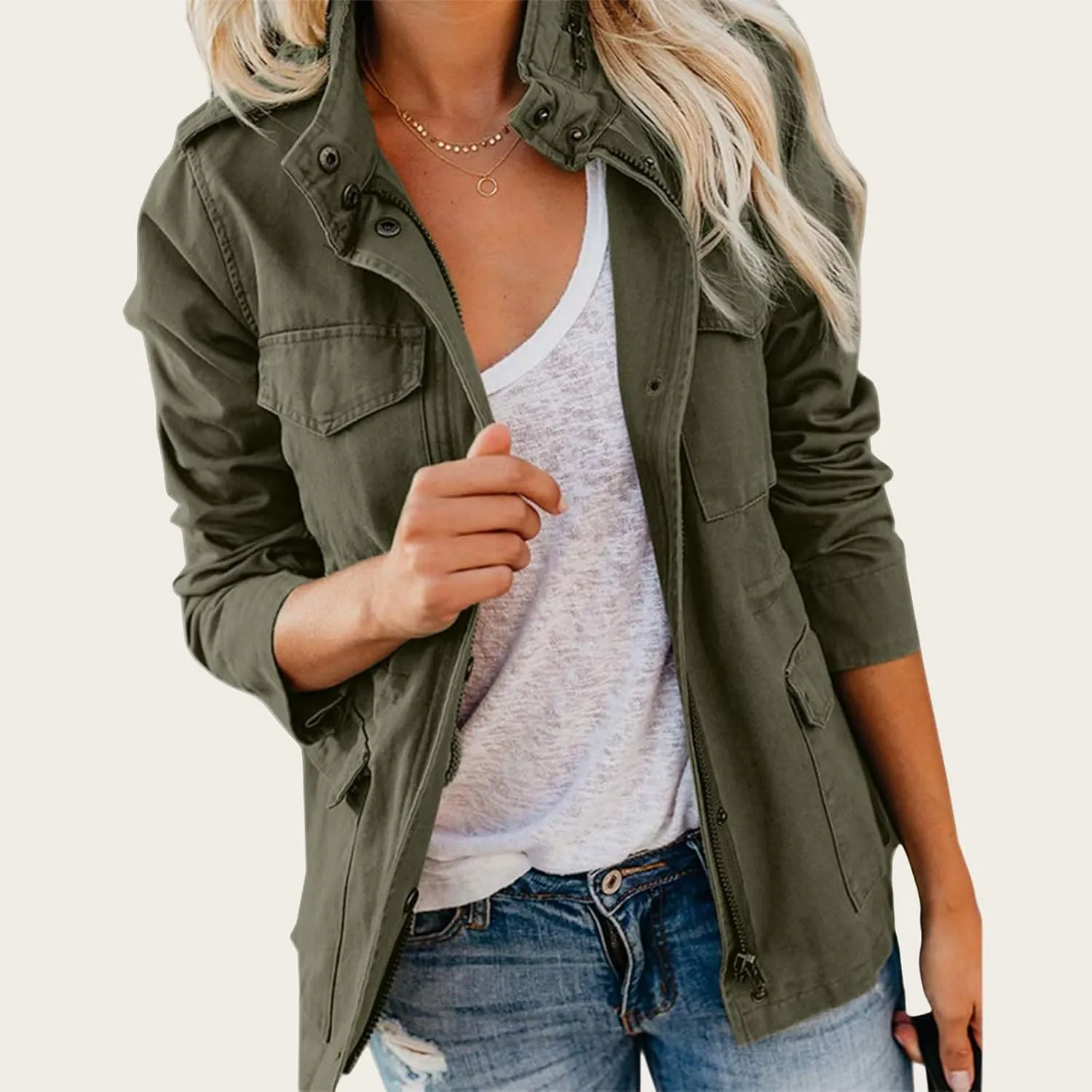Women's Military Jackets Zip Up Snap Buttons Anorak Coat Utility Safari Jacket Lightweight Fall Outwear with Pockets