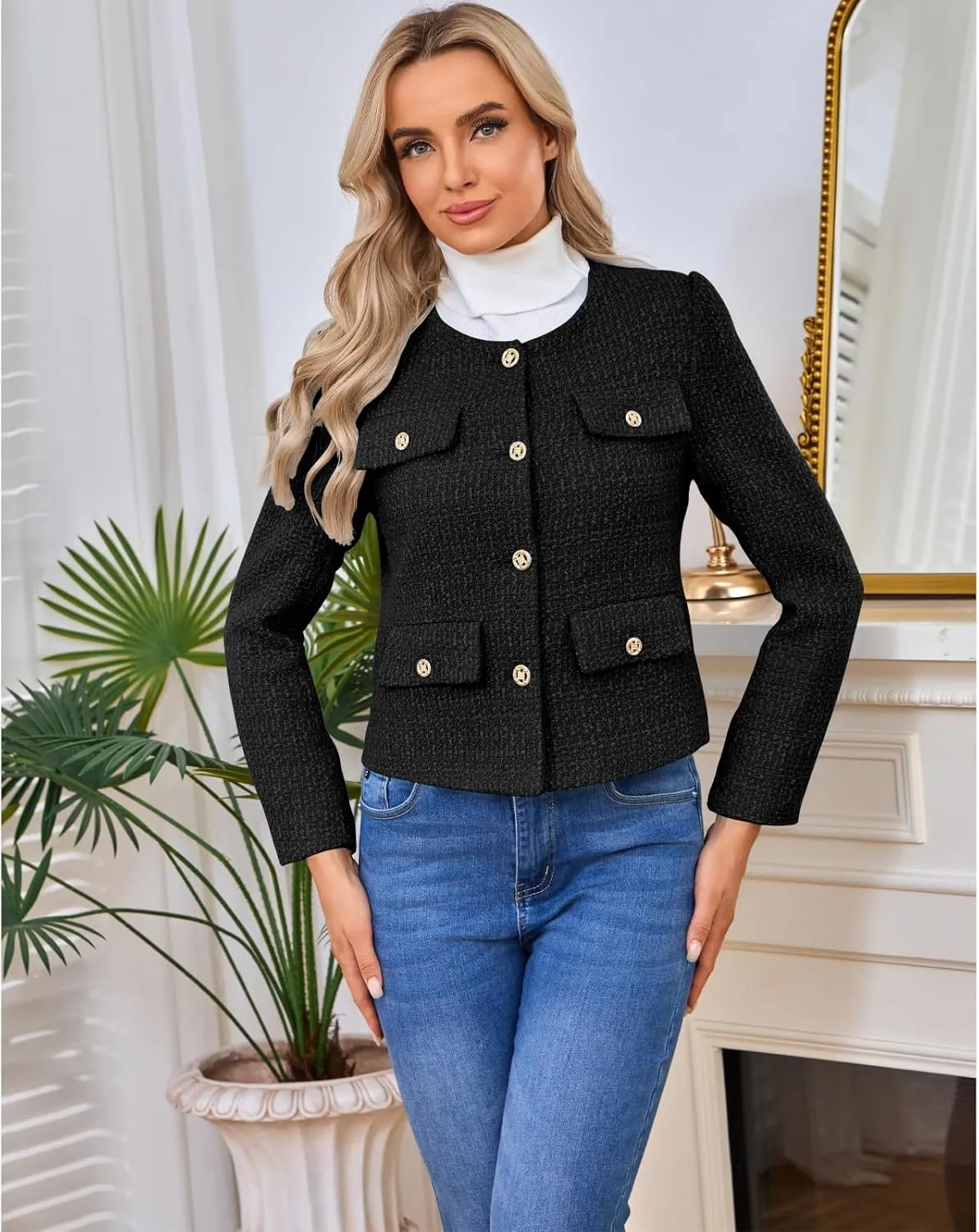 Women's Tweed Blazers Jackets Casual Long Sleeve Button Down Business Short Casual Cropped Coats