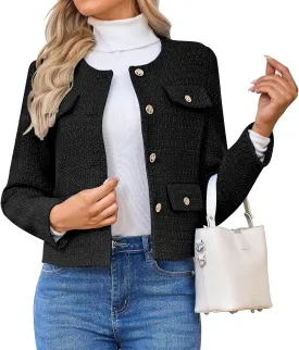Women's Tweed Blazers Jackets Casual Long Sleeve Button Down Business Short Casual Cropped Coats