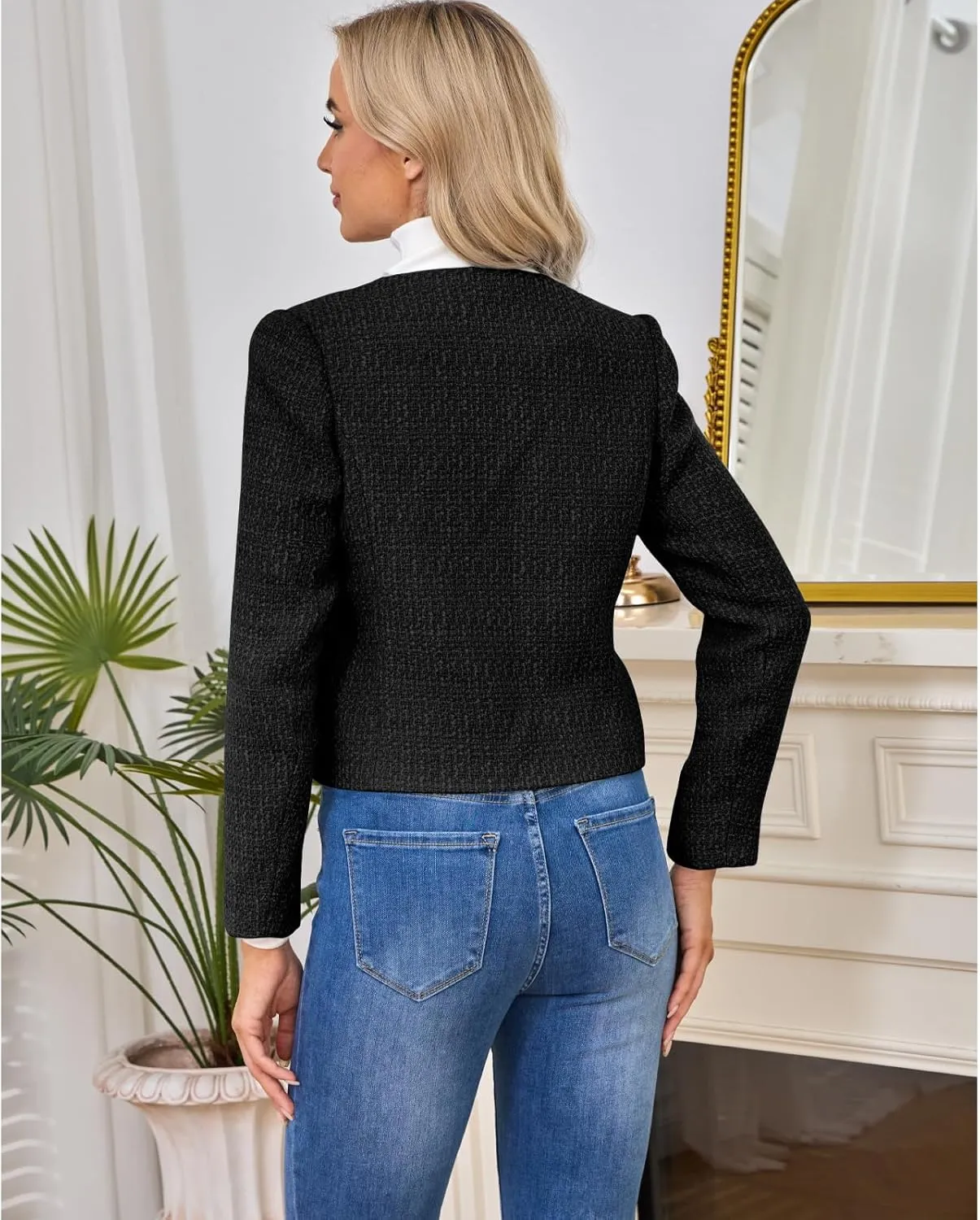 Women's Tweed Blazers Jackets Casual Long Sleeve Button Down Business Short Casual Cropped Coats