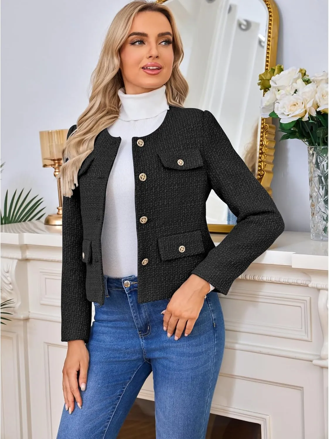 Women's Tweed Blazers Jackets Casual Long Sleeve Button Down Business Short Casual Cropped Coats