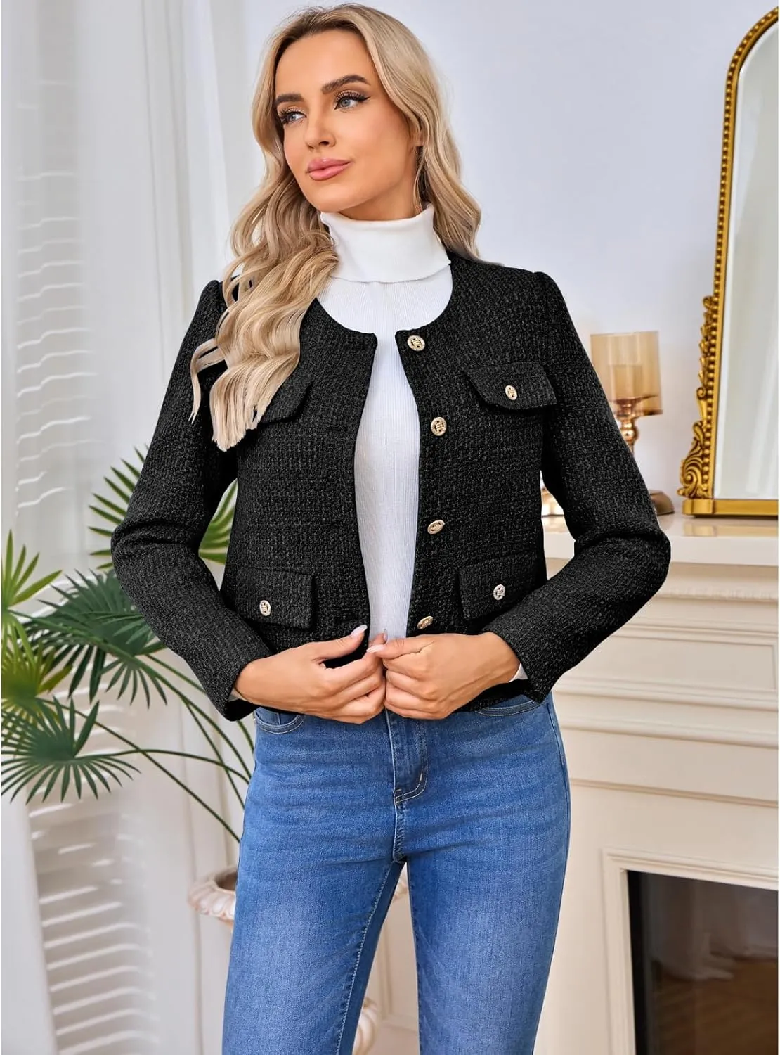 Women's Tweed Blazers Jackets Casual Long Sleeve Button Down Business Short Casual Cropped Coats