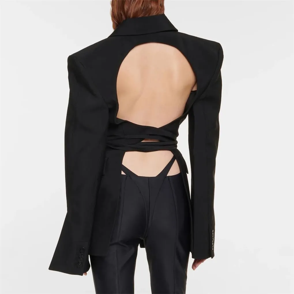 Women's V-Neck Lace Up Backless Slim Fit Suit Jacket, Solid Color Casual Temperament Suit Jacket