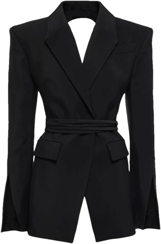 Women's V-Neck Lace Up Backless Slim Fit Suit Jacket, Solid Color Casual Temperament Suit Jacket