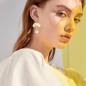 YUNXI Fan Pearl Earrings Sector Drop Small Fan Dangle Cute Retro Ethnic Pretty Stud Earrings