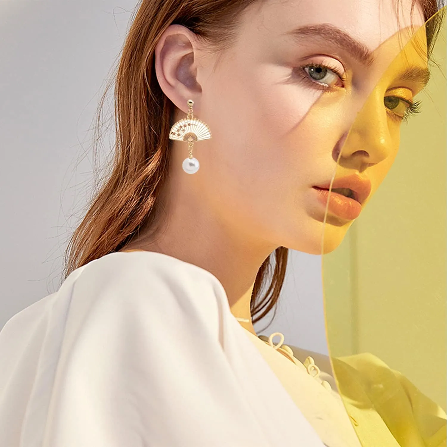 YUNXI Fan Pearl Earrings Sector Drop Small Fan Dangle Cute Retro Ethnic Pretty Stud Earrings
